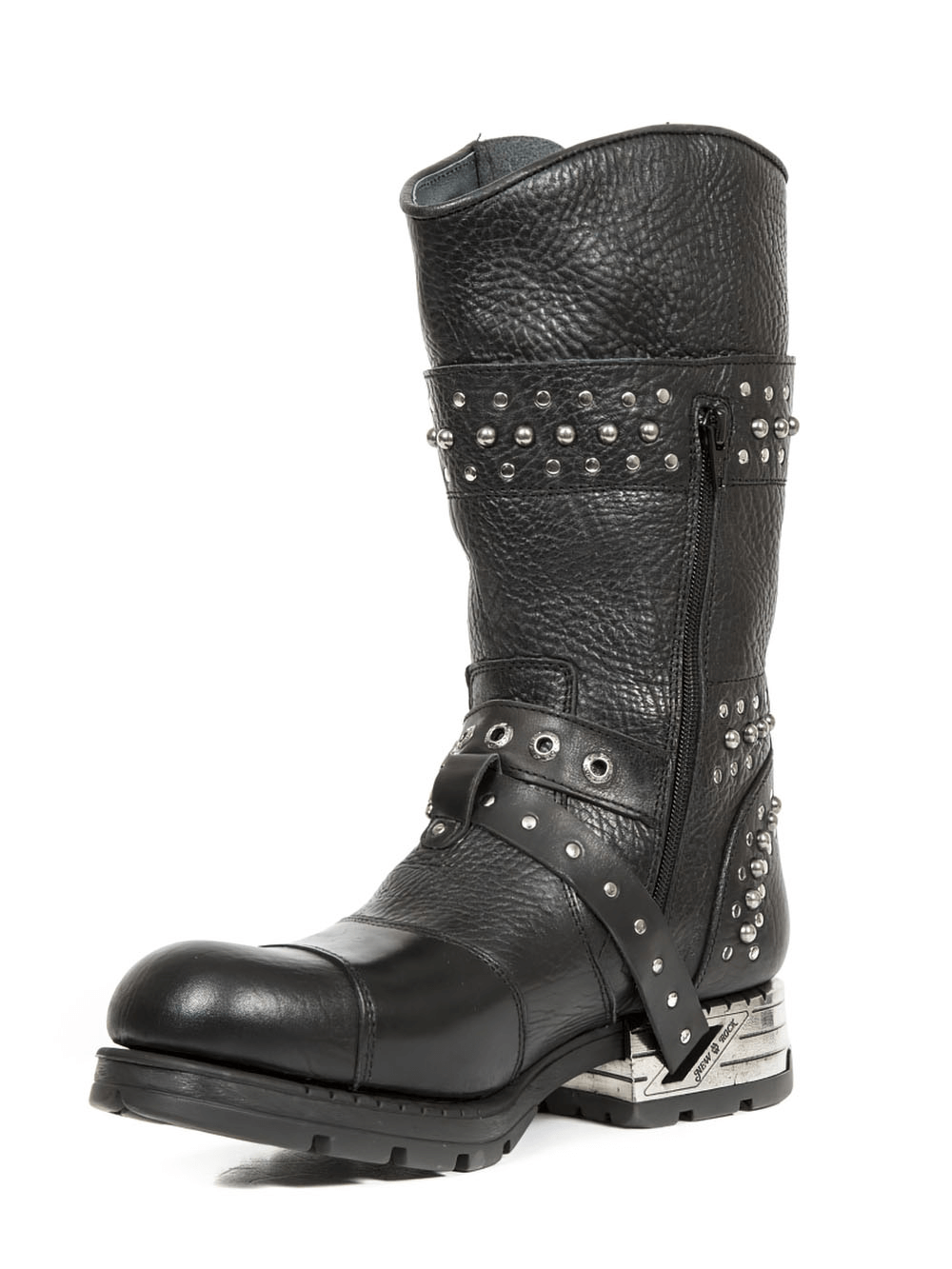 NEW ROCK men's black leather biker boot with zipper, rivets, and buckles for a bold, edgy look.