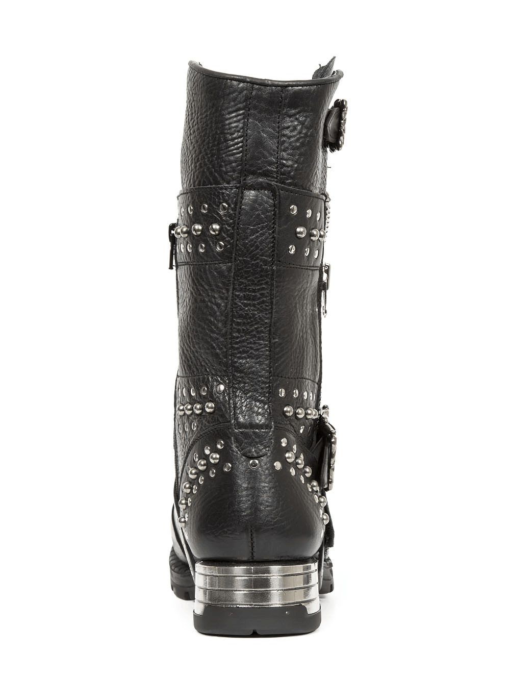 Stylish NEW ROCK men's leather biker boots with rivets and zippers, showcasing a bold rock design from the back.