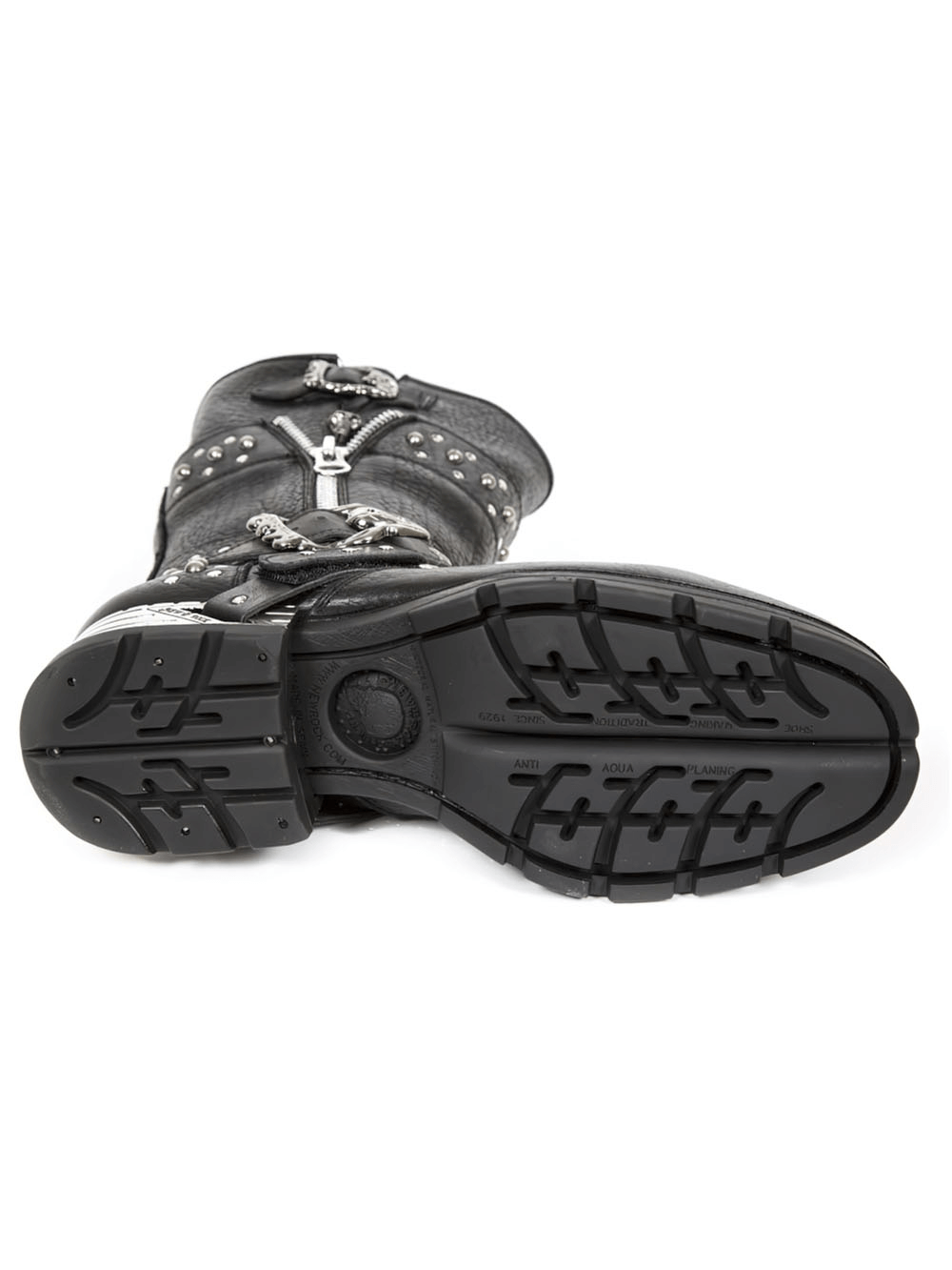 Bottom view of NEW ROCK Men's Leather Biker Boots showcasing metal accents, rivets, and grippy rubber sole.