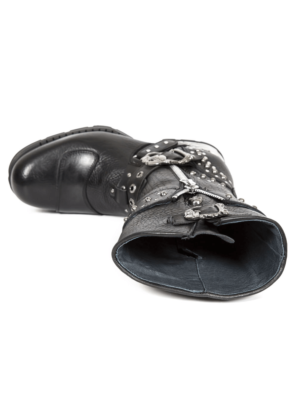 Close-up of NEW ROCK men's leather biker boots with zipper, rivets, and buckle accents.
