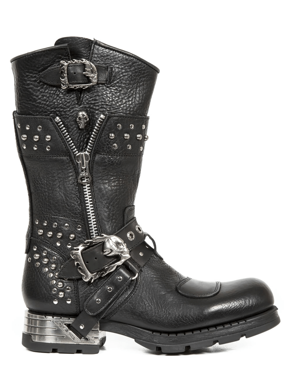 NEW ROCK Men's black leather biker boots with zipper, rivets, and buckles for a rockstar vibe.