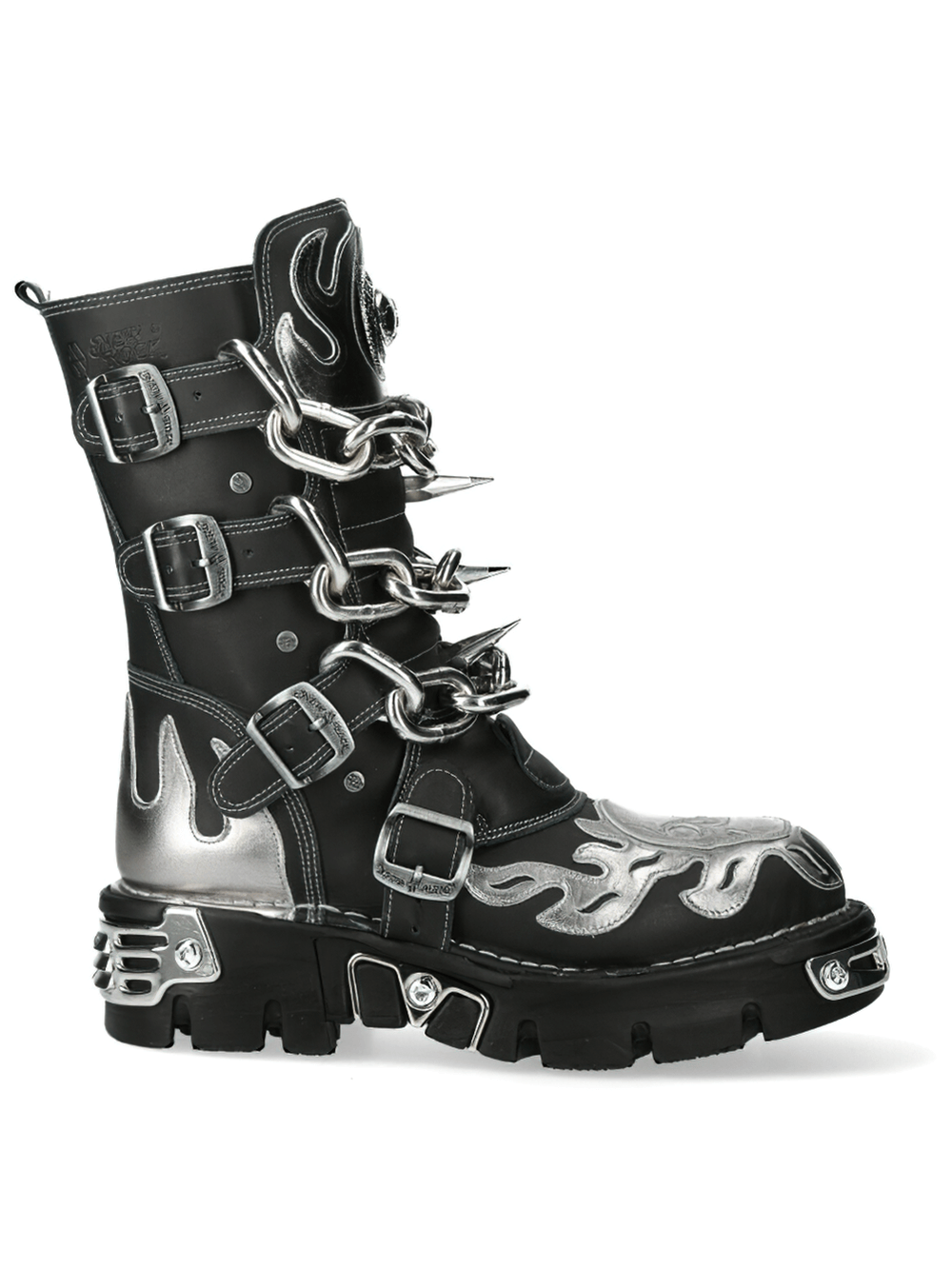 Black punk rock leather boots with silver flame designs and chain details, featuring buckles and a sturdy sole.