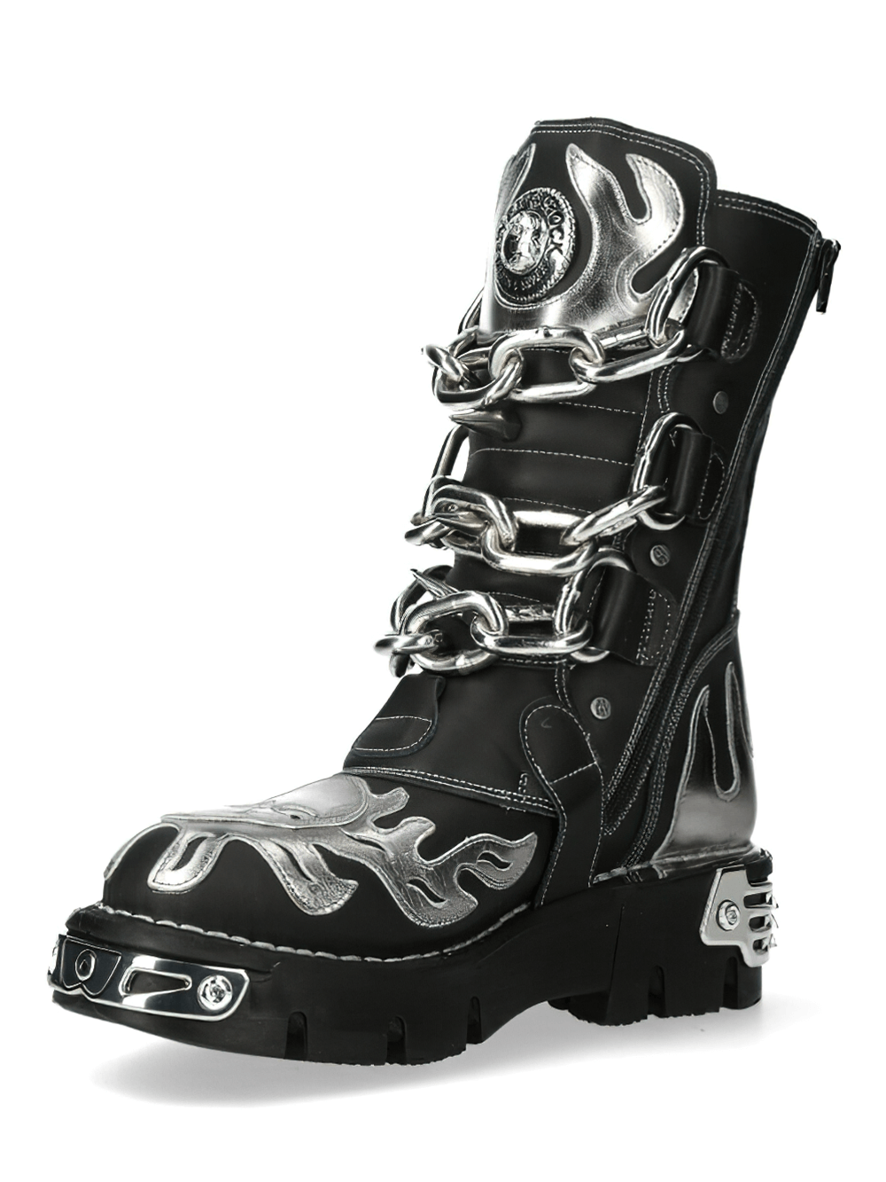 NEW ROCK Black Leather Boots with silver flame designs and chain details for punk rock style.