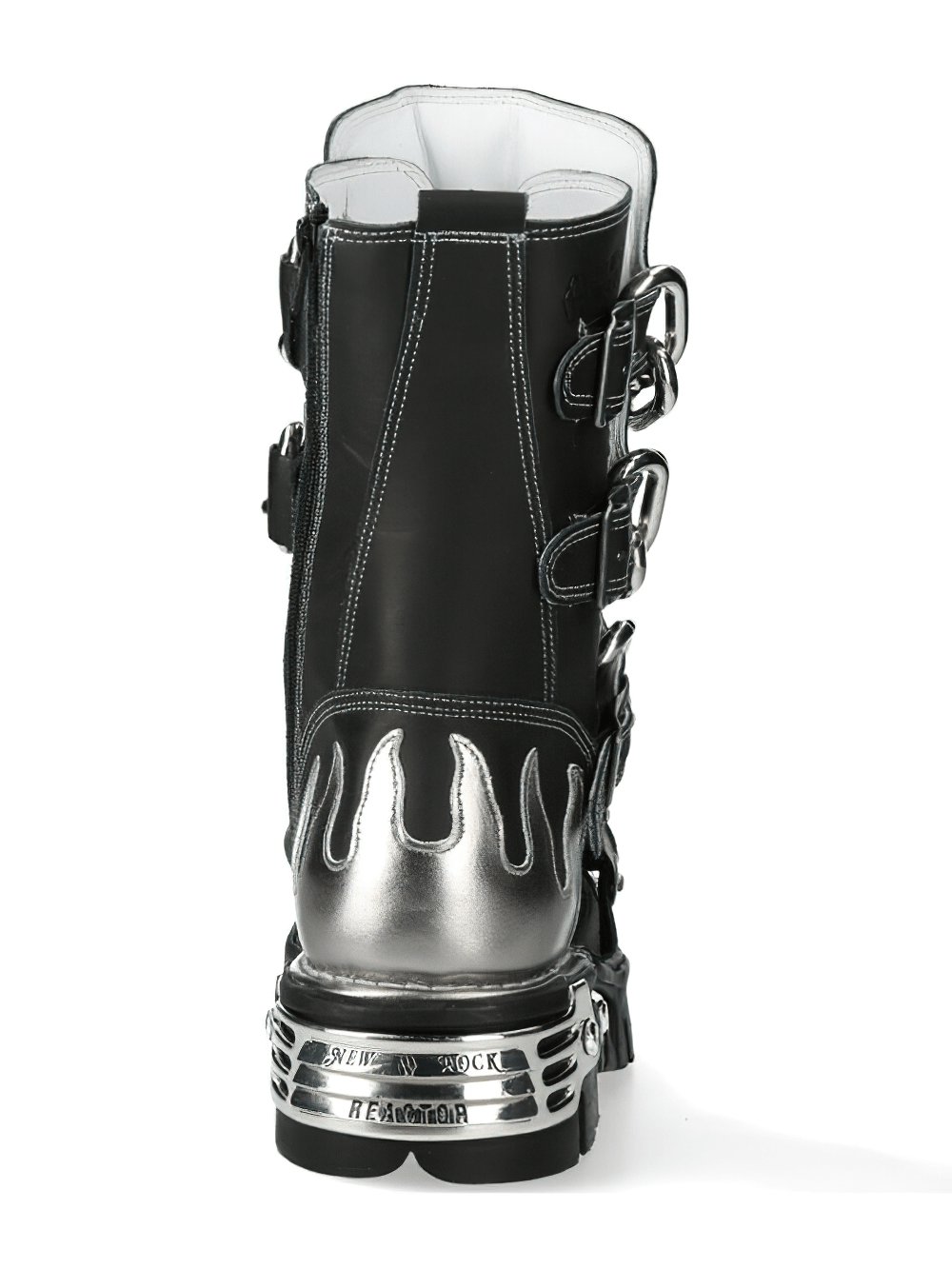 Back view of NEW ROCK Leather Boots featuring silver flame designs and chains for a punk rock style.