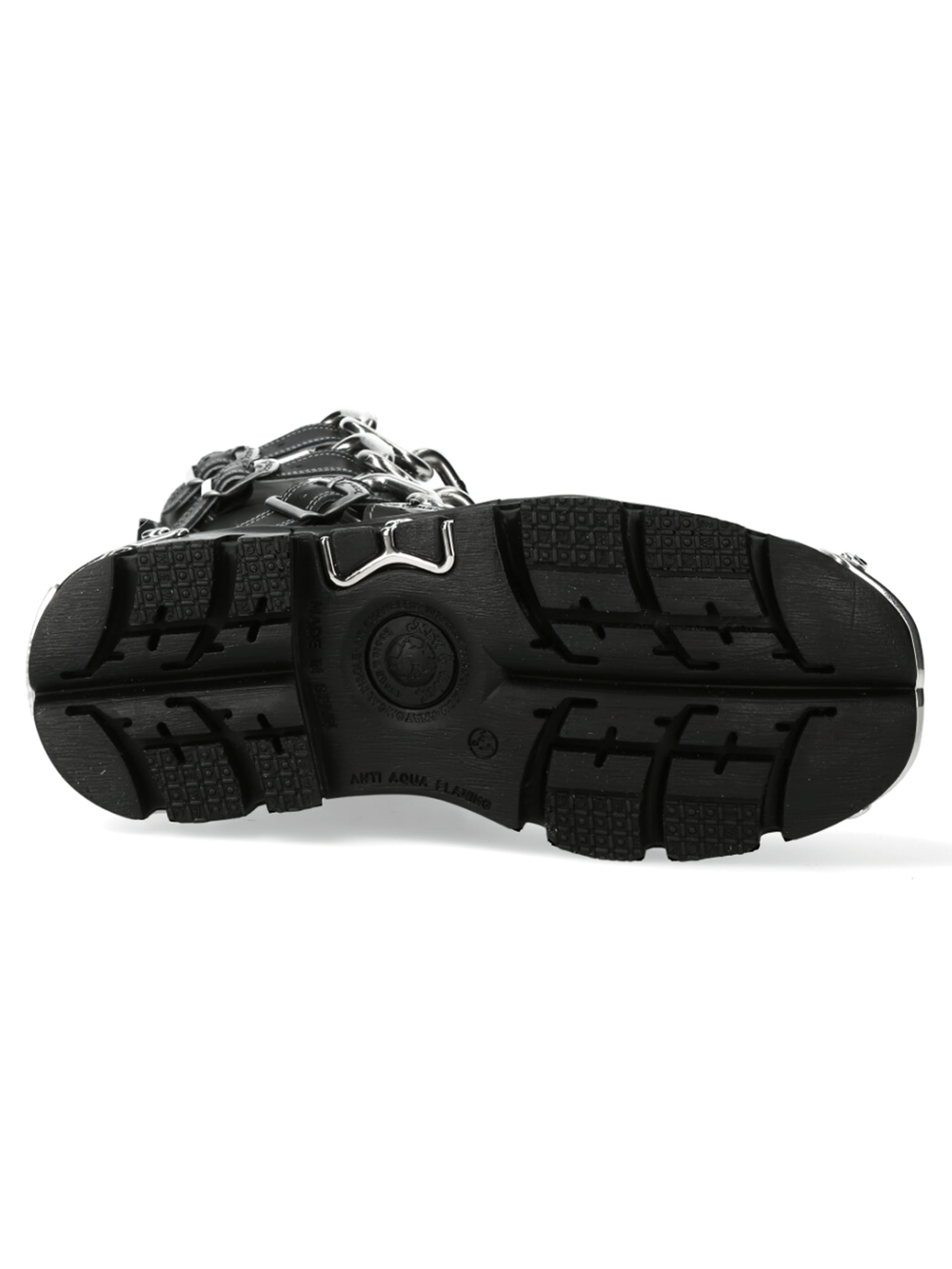 Bottom view of NEW ROCK Leather Boots showcasing rugged rubber outsole and chain details.