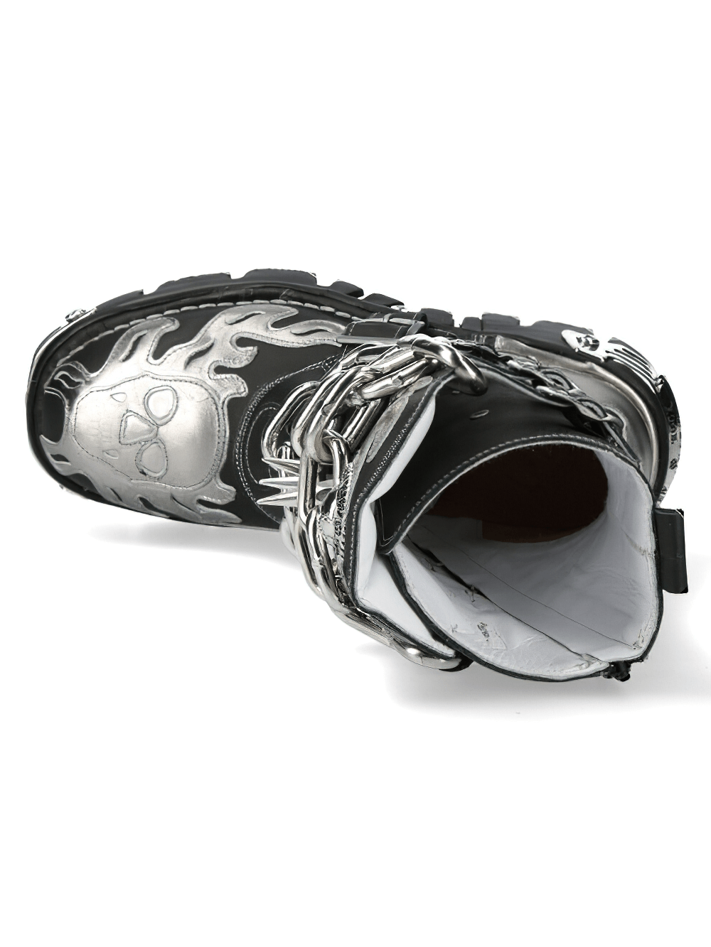 Black punk rock leather boot with silver flame design and chain details from NEW ROCK.