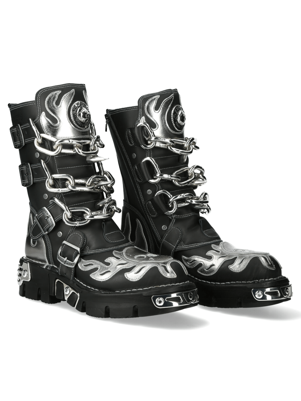 NEW ROCK black leather punk boots with silver flame and chain details for a fierce gothic style.