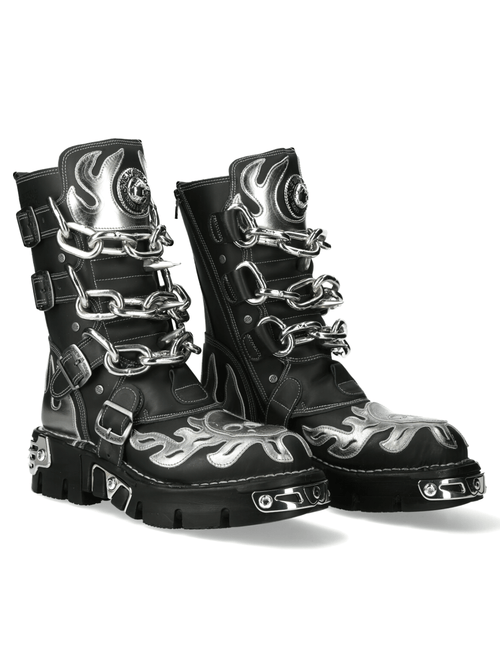 Botas de Cuero para Mujer NEW ROCK con Detalles de Llama Plateada y Cadena