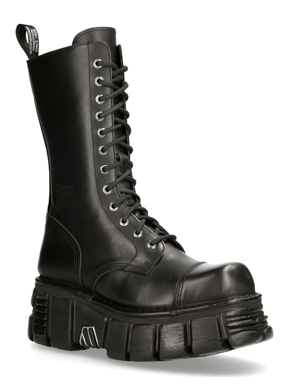 NEW ROCK Men's military high leather boots with metallic details and oversized platform.