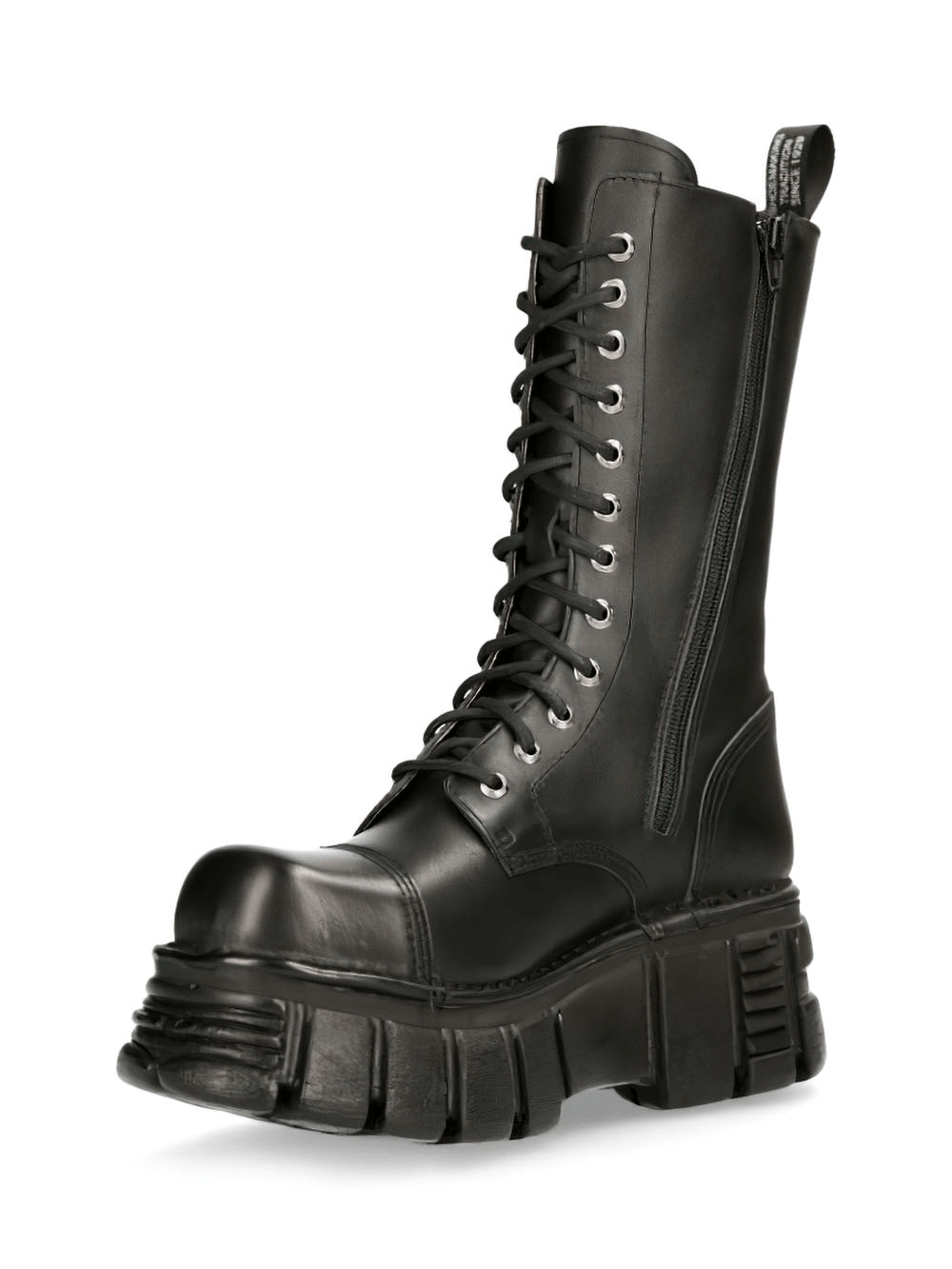 NEW ROCK Men's Leather Military High Boots with Metallic Details and chunky platform sole.