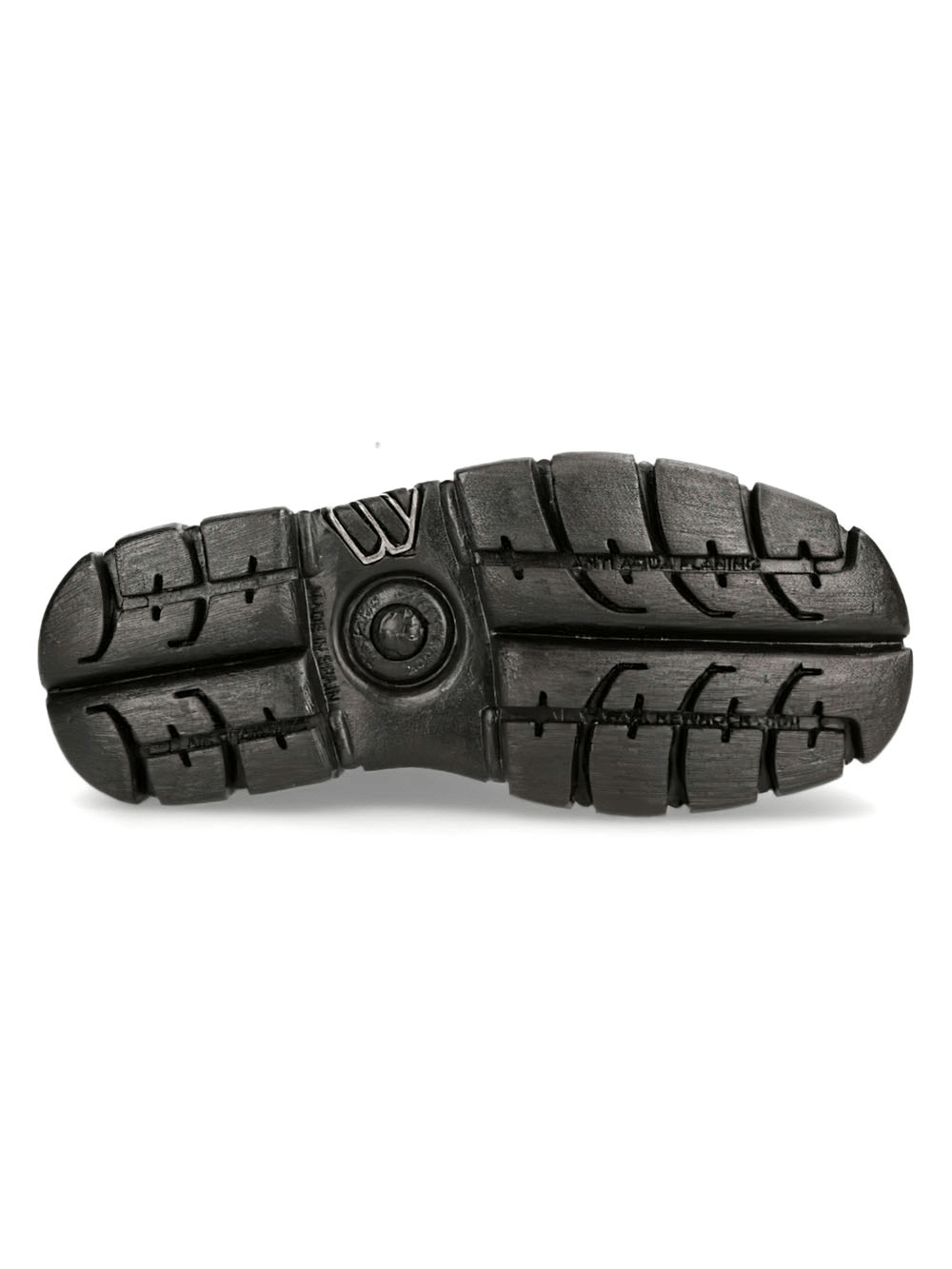 Beneath view of durable footwear sole showcasing aggressive tread design for superior grip and stability.