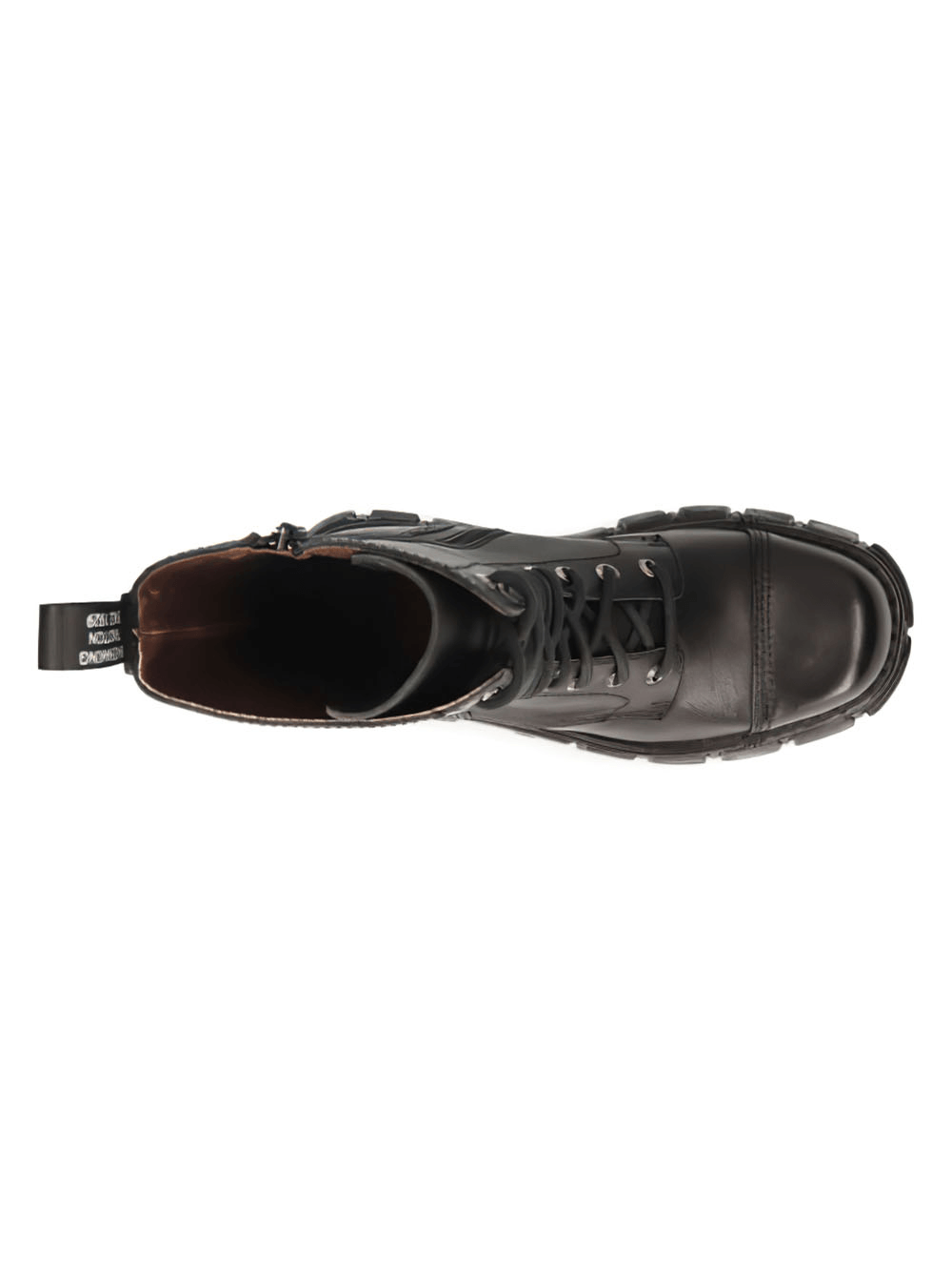 Top view of NEW ROCK Men's Leather Military High Boots with metallic details and laces.