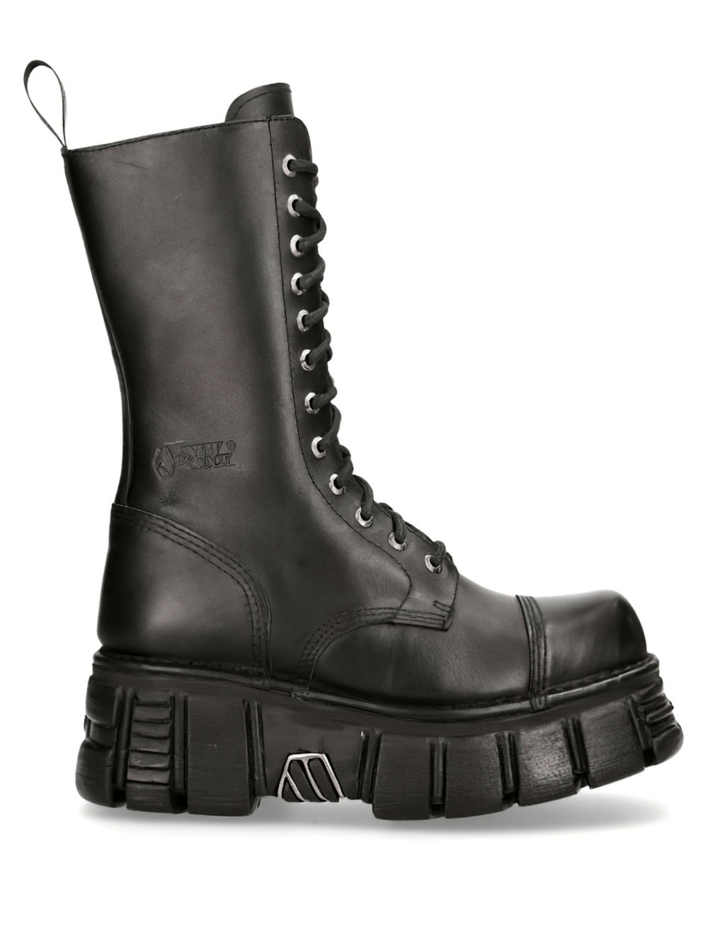 NEW ROCK black leather military high boots with metallic details and chunky sole, perfect for combat style.