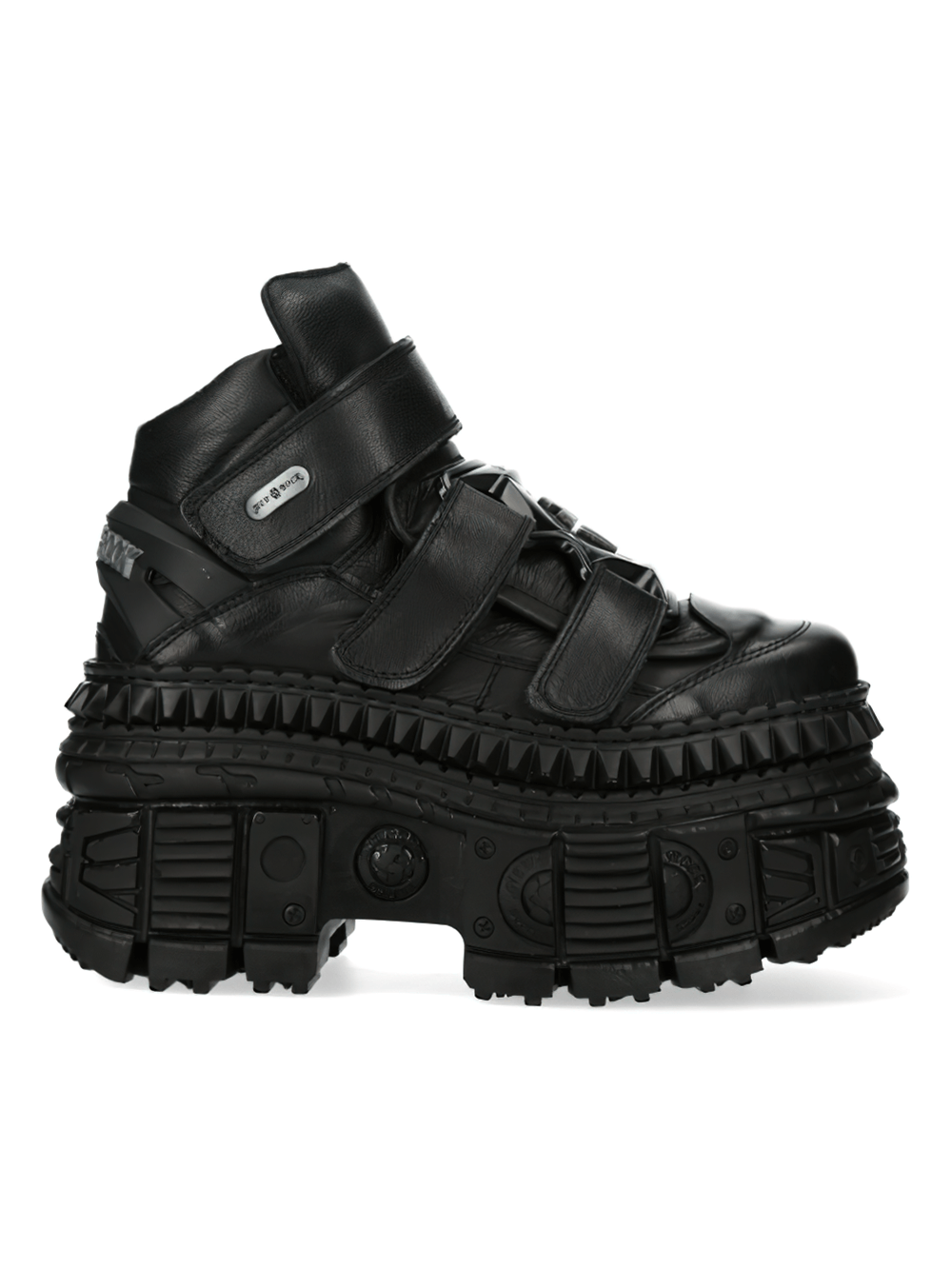 Bold black leather platform ankle boots with chunky sole and Velcro straps, perfect for an edgy style.