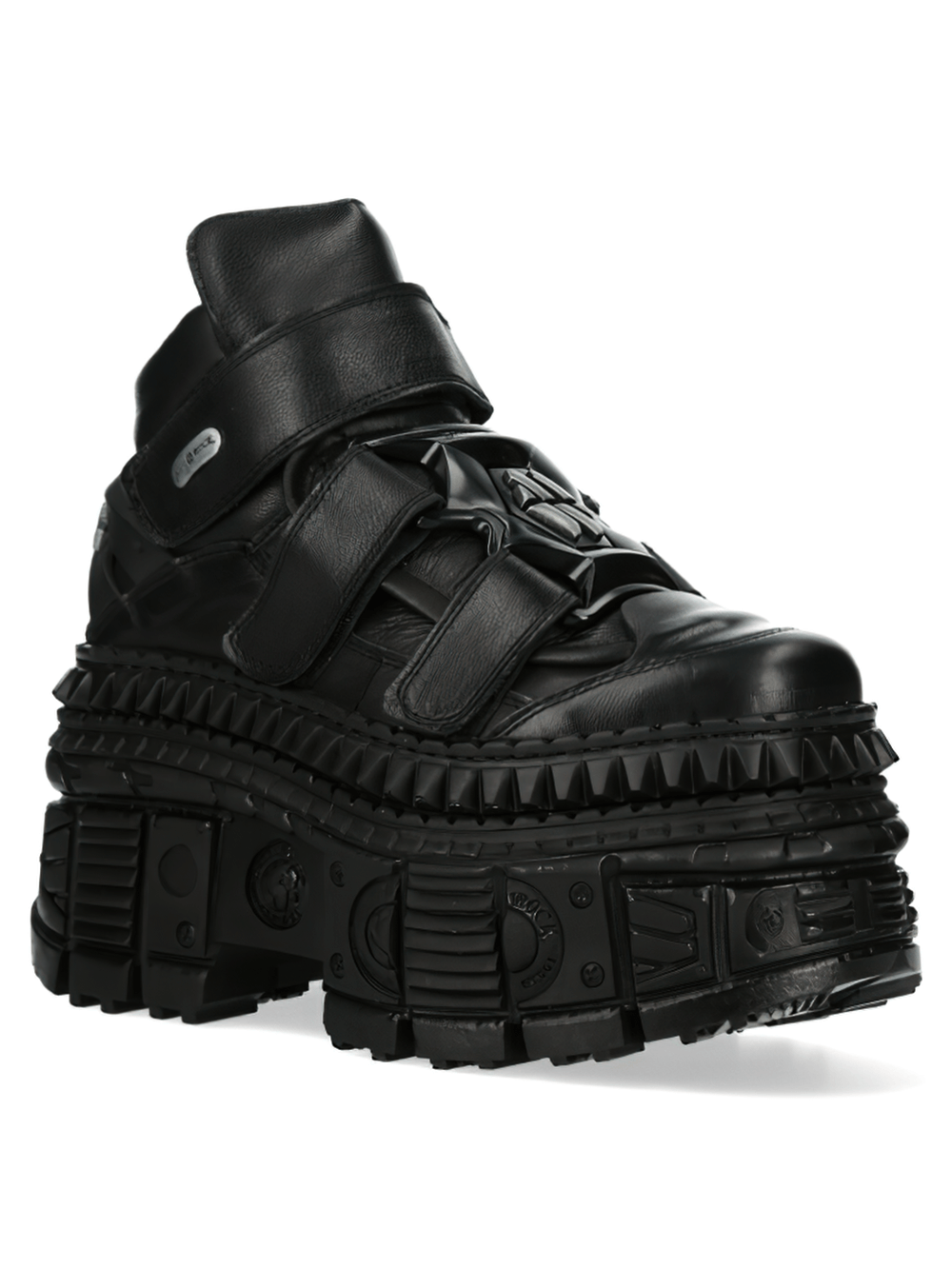 Bold black leather platform ankle boots with Velcro straps and chunky sole, perfect for edgy fashion statements.