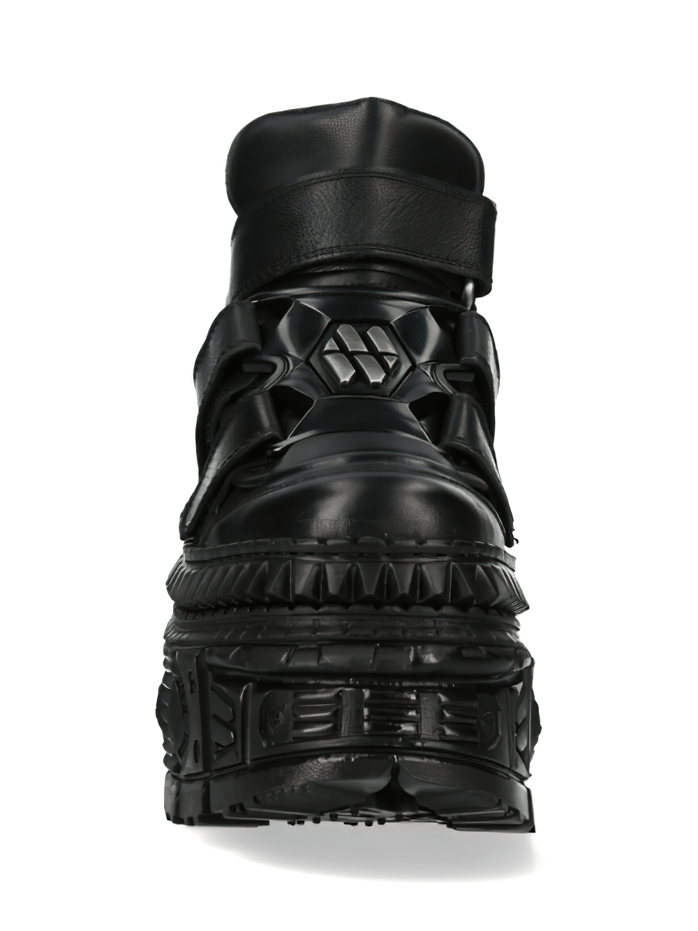 Bold black leather platform ankle boot with chunky sole and Velcro straps, showcasing a rock-inspired design.
