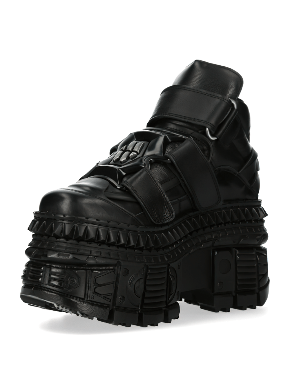 Bold black leather platform ankle boots with velcro straps, featuring a chunky sole and edgy design.