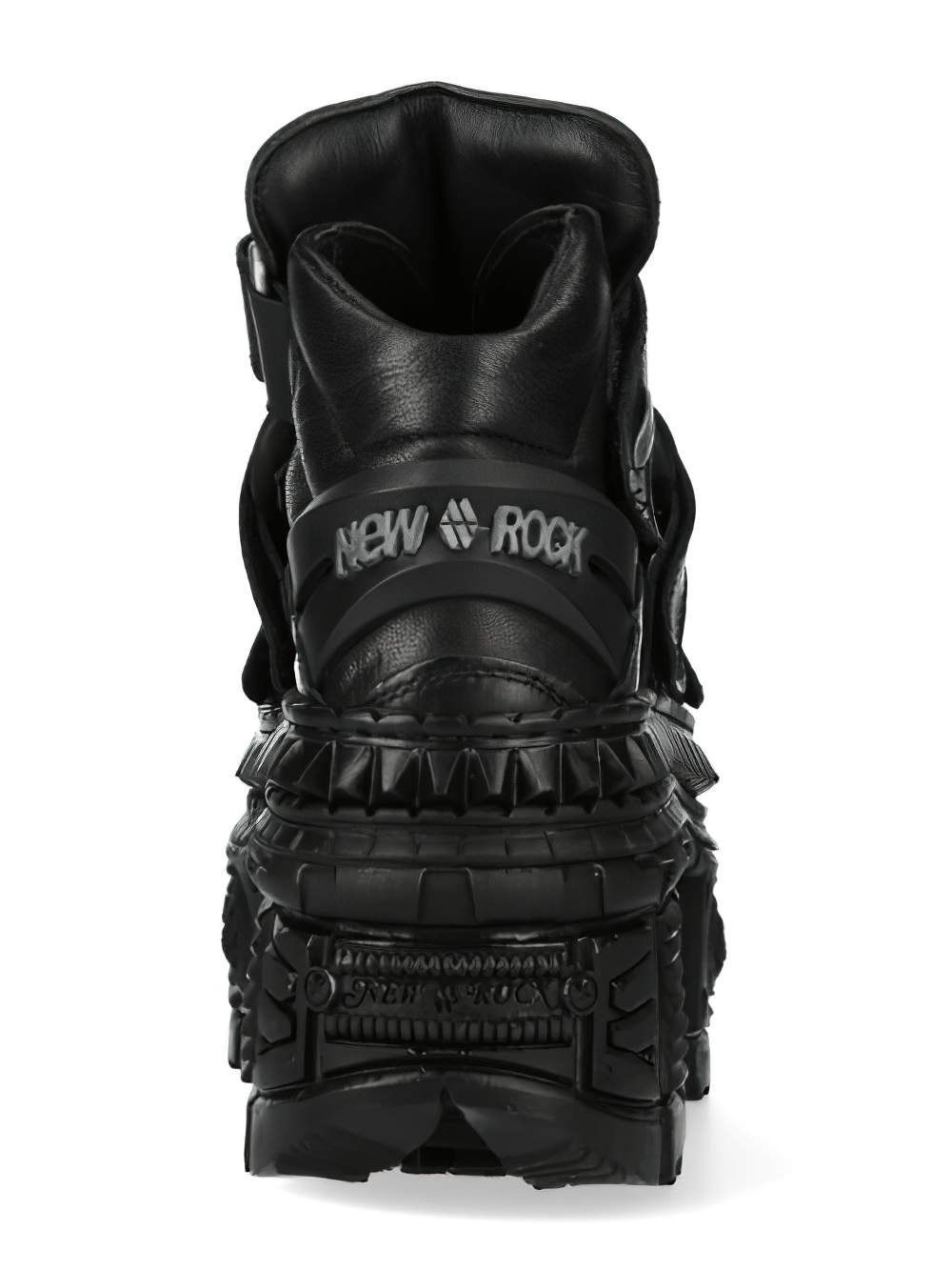 Back view of NEW ROCK black leather platform ankle boots with velcro straps, showcasing chunky sole and edgy design.
