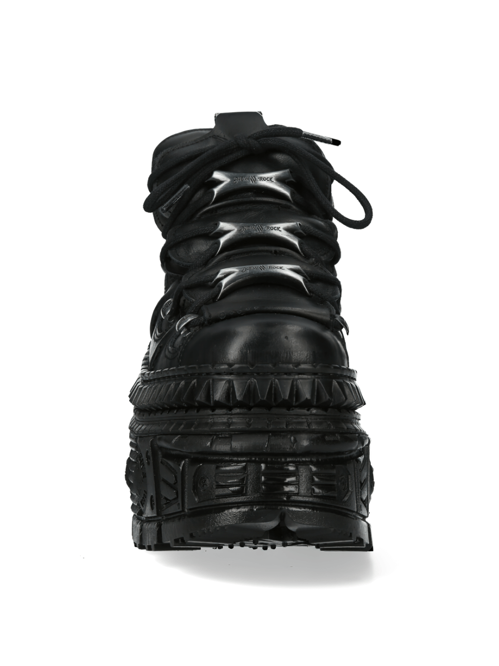 Front view of NEW ROCK leather platform boots, featuring bold design and intricate detailing for rock and punk styles.