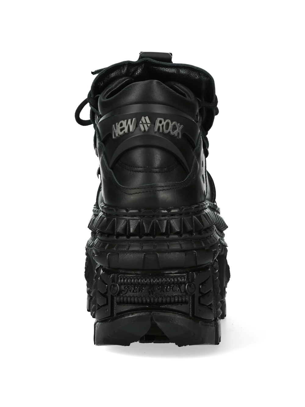 Back view of NEW ROCK edgy black leather platform boots, showcasing bold design and gothic details.
