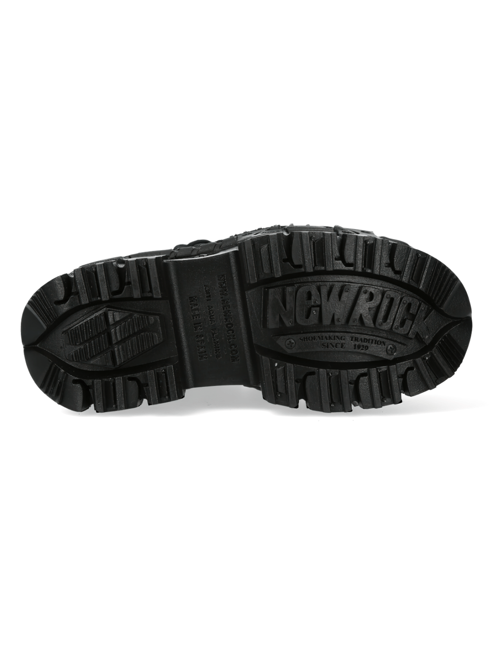 New Rock leather platform boots sole featuring bold tread and iconic logo, perfect for punk and goth styles.