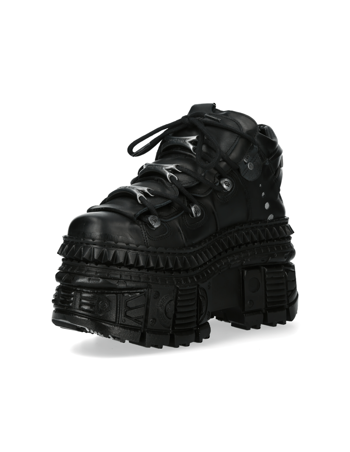 Edgy black leather platform boots with bold design, perfect for rock and punk fashion lovers.