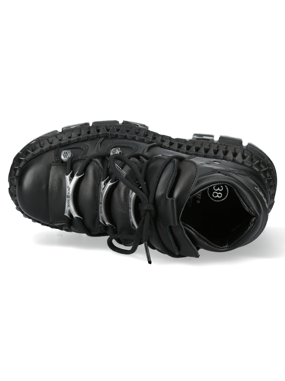 Top view of edgy black leather platform boots with bold lacing and studs, perfect for rock and punk styles.