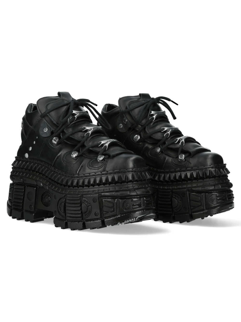 Goth-inspired black leather platform boots with rugged detailing for edgy punk styles.