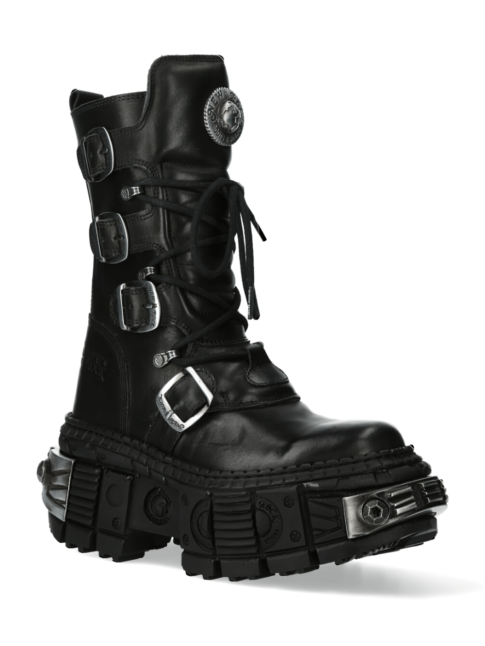 NEW ROCK black leather platform boots with metallic accents and punk design, featuring military style and original details.