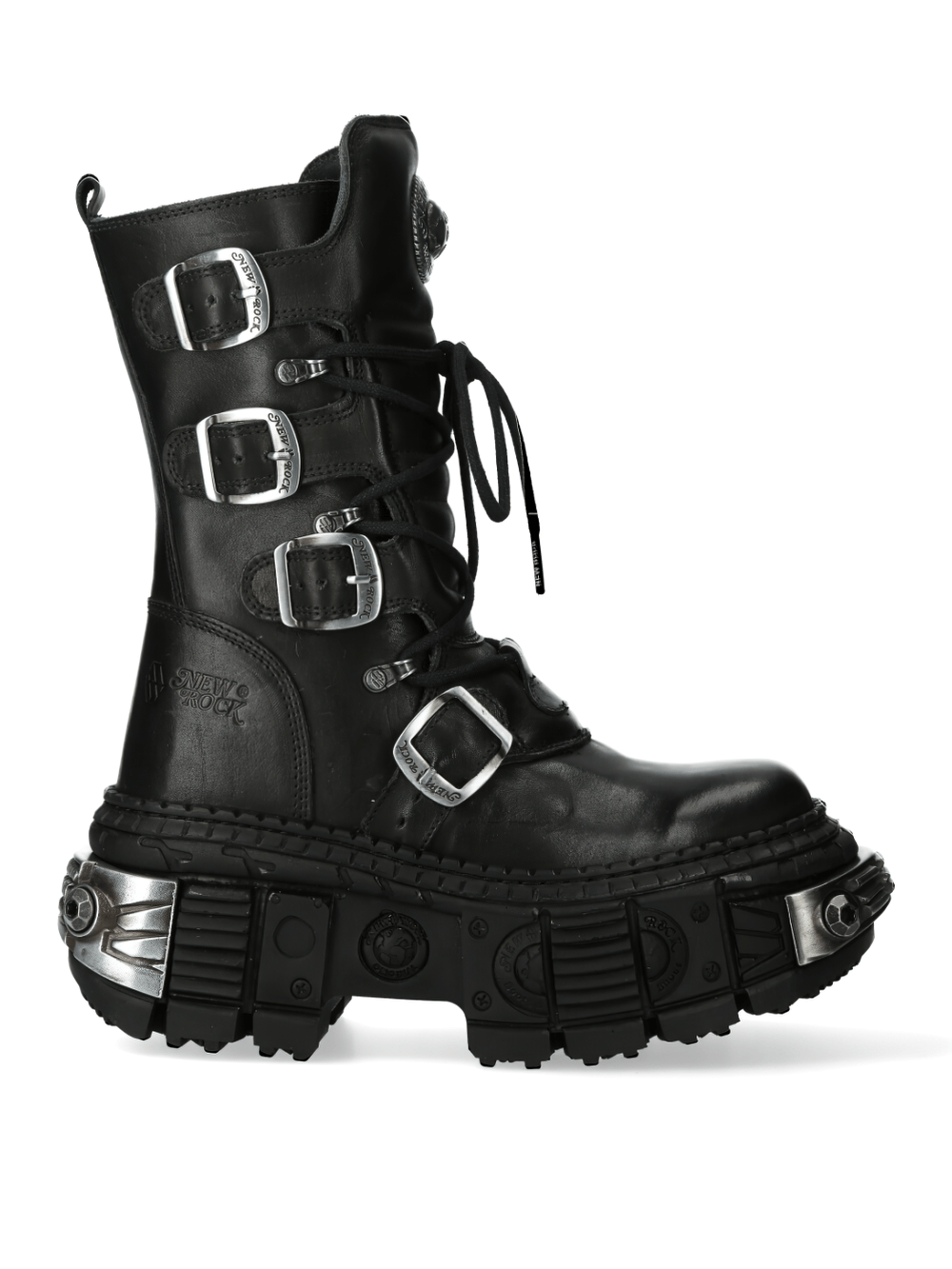 NEW ROCK black leather platform boots with metallic accents and punk rock design, perfect for fashion-forward individuals.