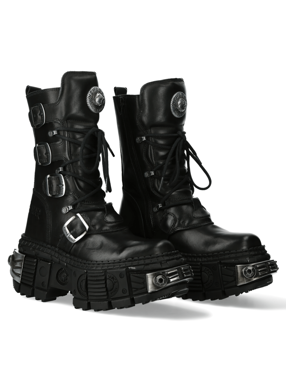 NEW ROCK Military Style Leather Platform Boots with Metallic Accents for Punk and Rock Fashion.