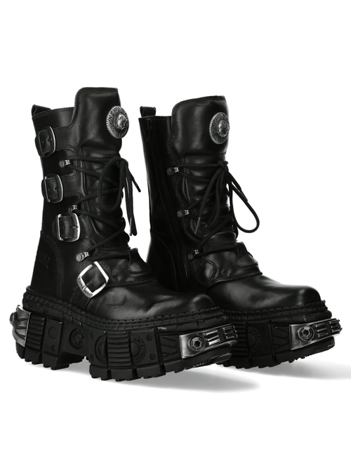 NEUE ROCK Damen Lederplattformstiefel mit metallischen Akzenten