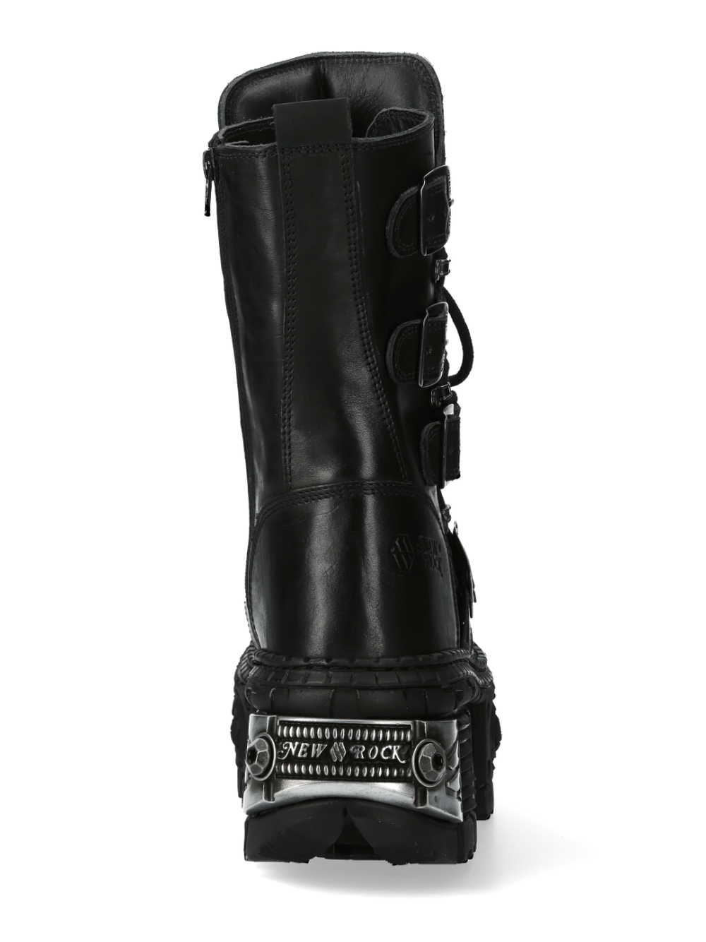 Back view of NEW ROCK Leather Platform Boots showcasing military style and metallic accents