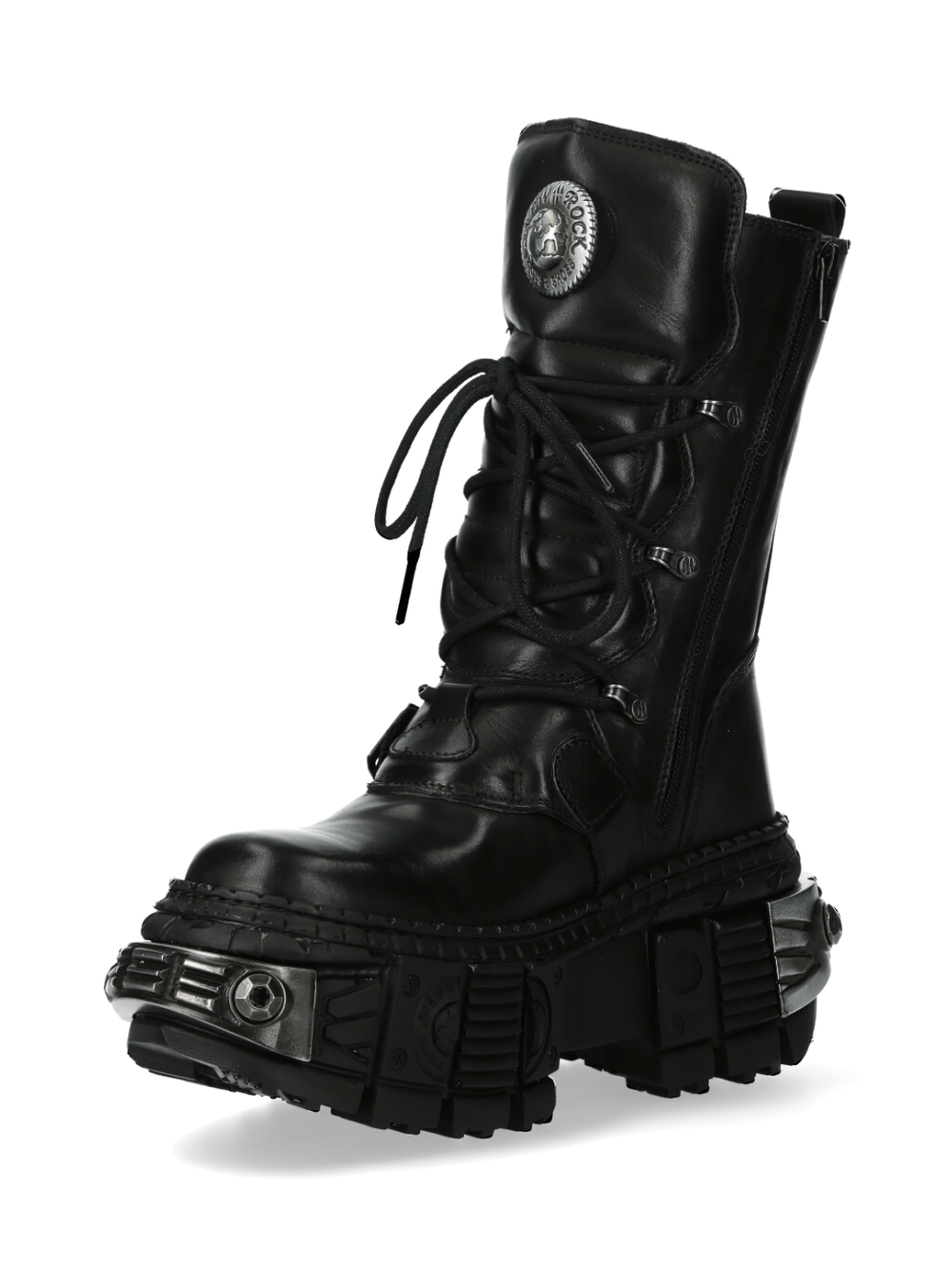 NEW ROCK leather platform boots with metallic accents, featuring punk rock military style and genuine leather design.