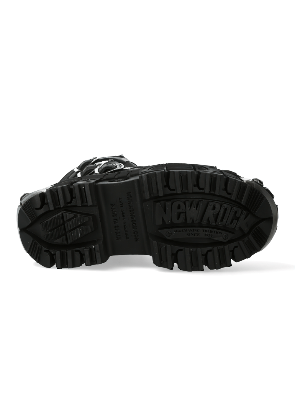 New Rock leather platform boots sole showcasing rugged design and metallic accents for punk and military style.
