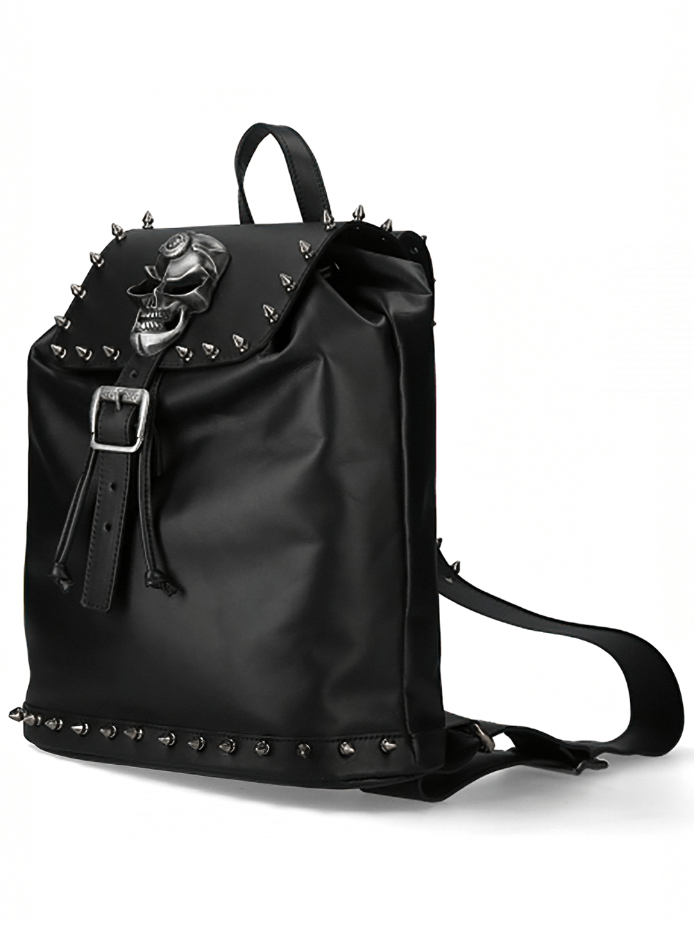 Black leather punk backpack with spikes and skull clasp, perfect for edgy urban styles.