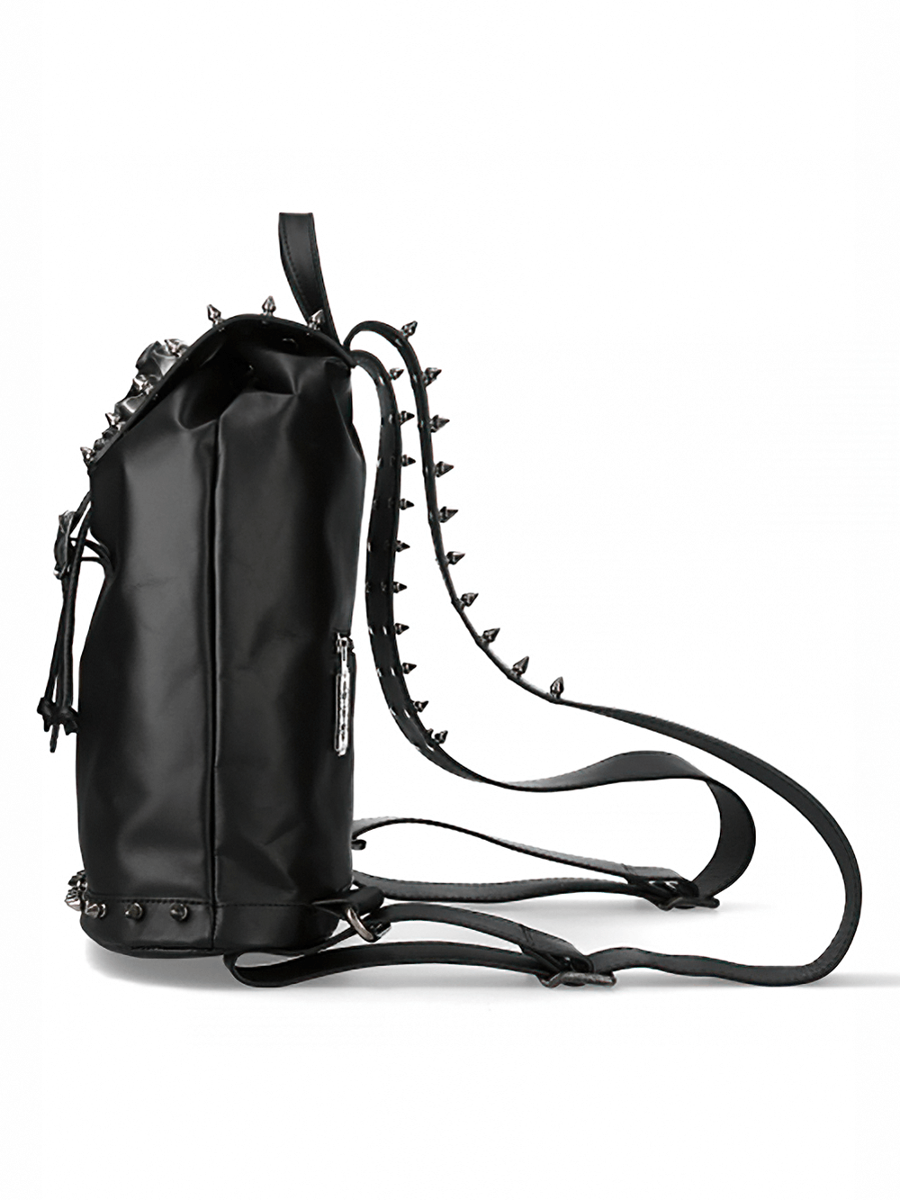 NEW ROCK Leather Punk Backpack viewed from the side, showcasing spikes and a sleek black design.