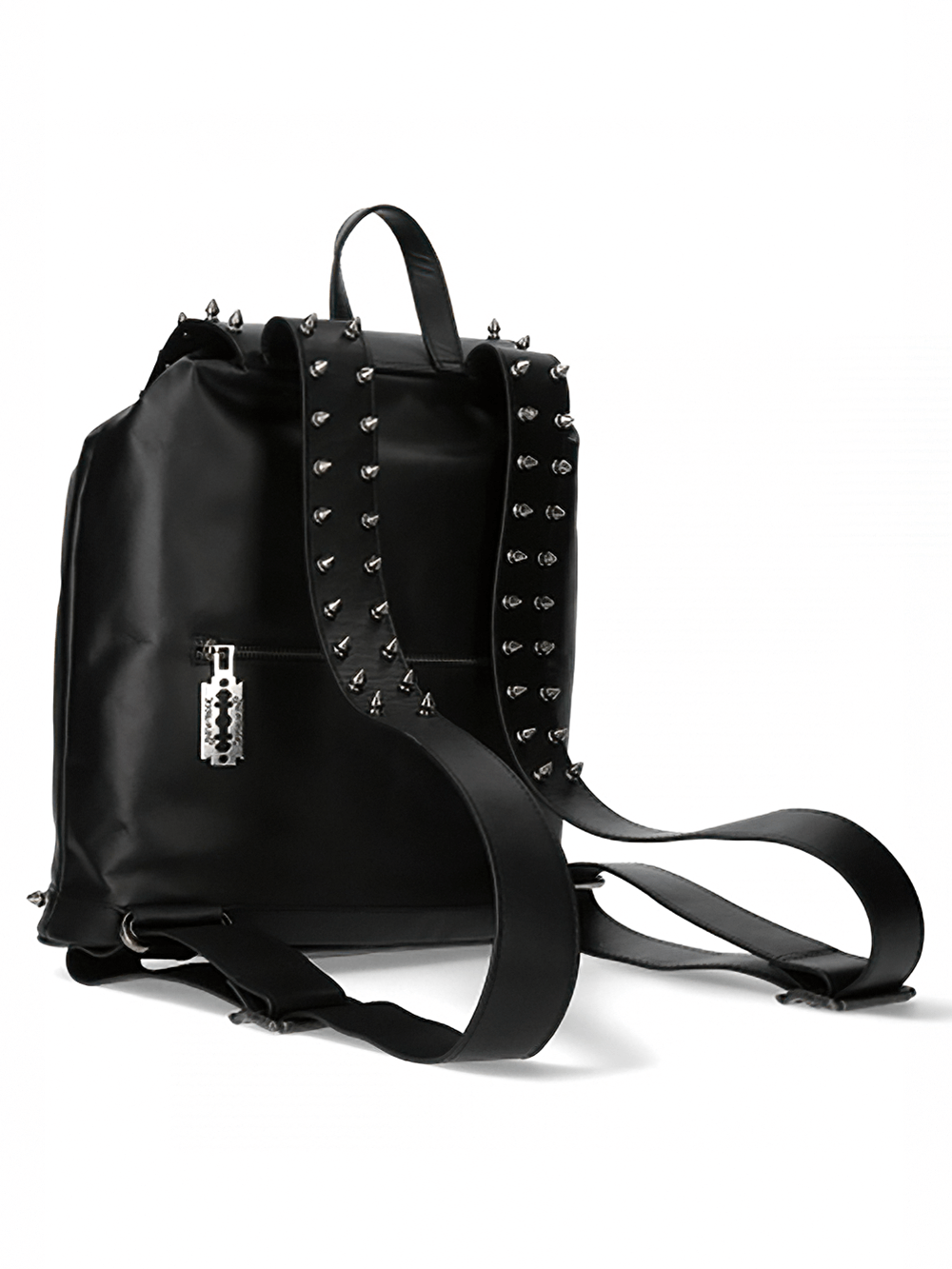 Black leather punk backpack with spikes and buckle, perfect for a gothic urban style.