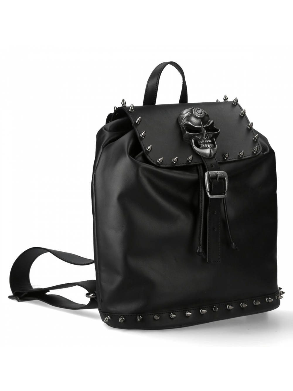 NEW ROCK black leather punk backpack with buckle, skull design, and spikes for an edgy urban look.