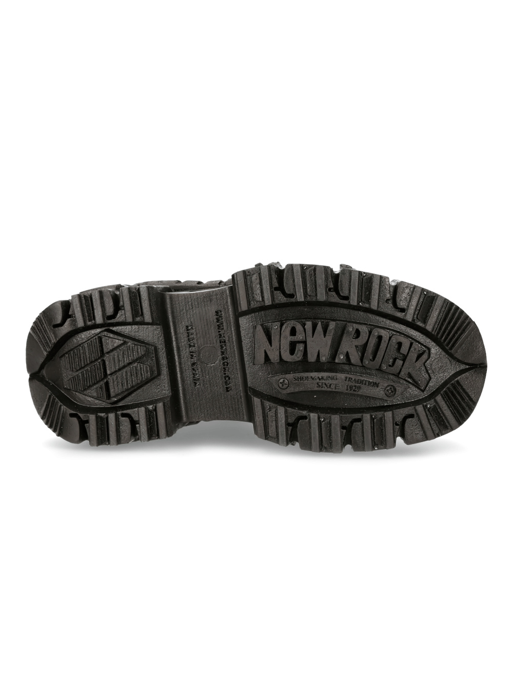 Bottom view of NEW ROCK Men's Leopard Print Ankle Boots showcasing rugged PU-Ultra sole and textured tread pattern.