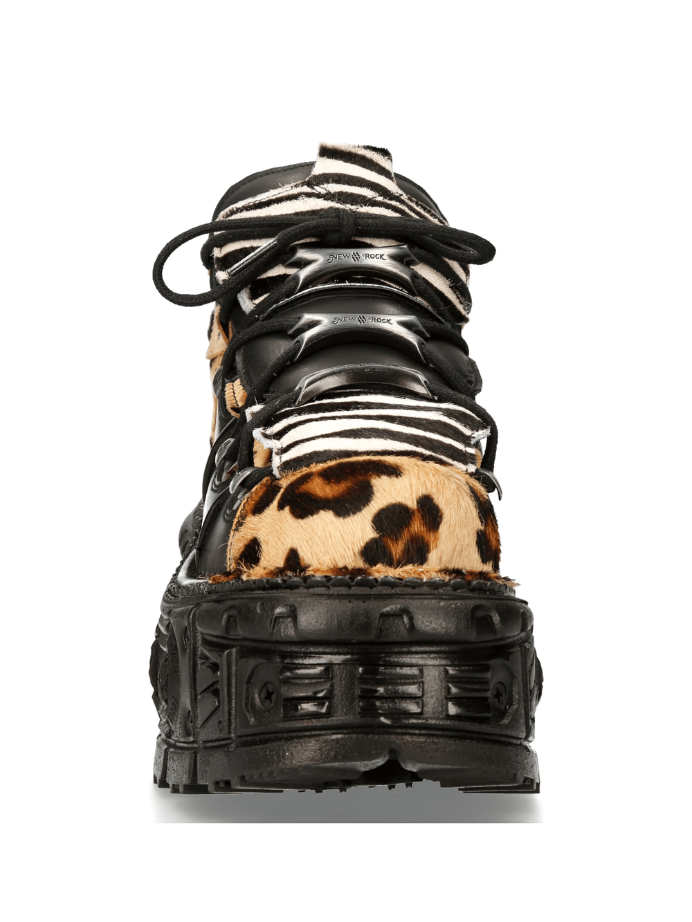 NEW ROCK Men's Leopard Print Ankle Boots with Chunky Sole, featuring a punk rock style and metallic details.