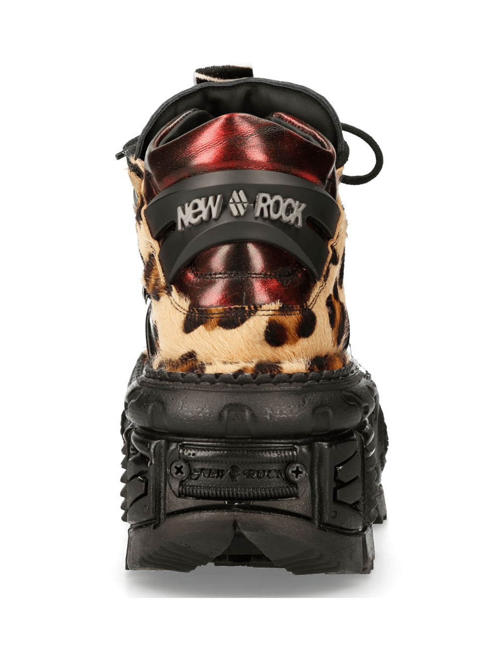 NEW ROCK men's leopard print ankle boots with chunky sole, showcasing unique punk rock style and metallic accents.