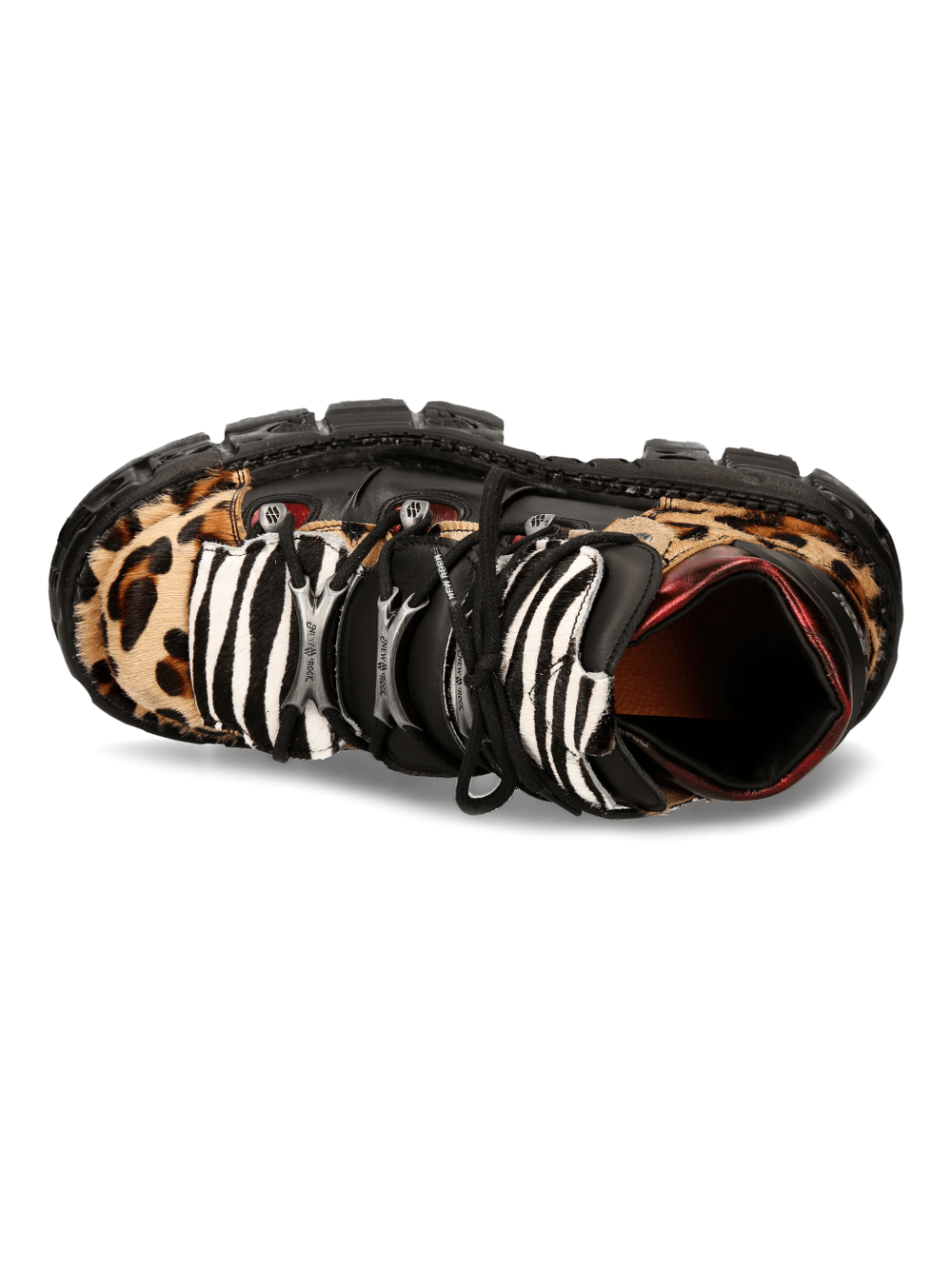 Top view of New Rock men's leopard and zebra print ankle boots with chunky sole, showcasing edgy punk style.