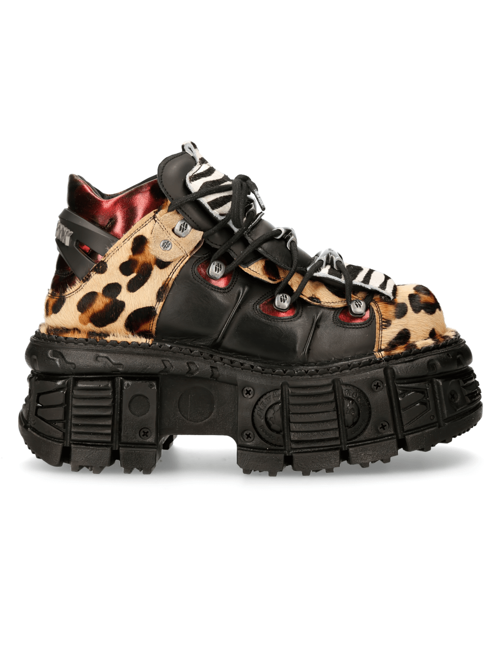 NEW ROCK Leopard Print Ankle Boots with Chunky Sole for edgy punk rock style and metallic flair.