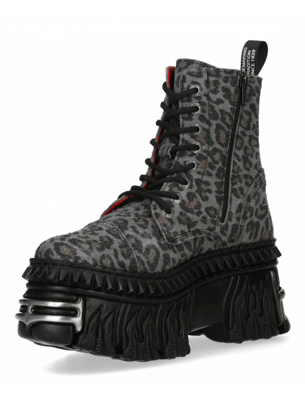 Bold leopard print platform ankle boots with zipper and laces, perfect for edgy urban rock style.
