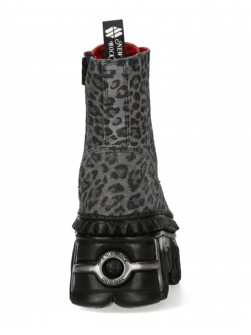 Back view of NEW ROCK leopard print platform ankle boots with zipper, showcasing bold urban style and sturdy design.
