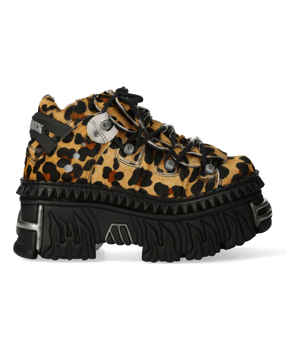 Men's leopard print metallic ankle boots with edgy details and chunky platform design.