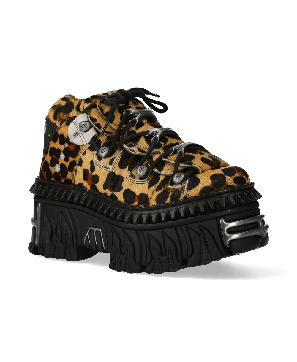 NEW ROCK Men's leopard print ankle boots with edgy platform design for a punk-goth style.