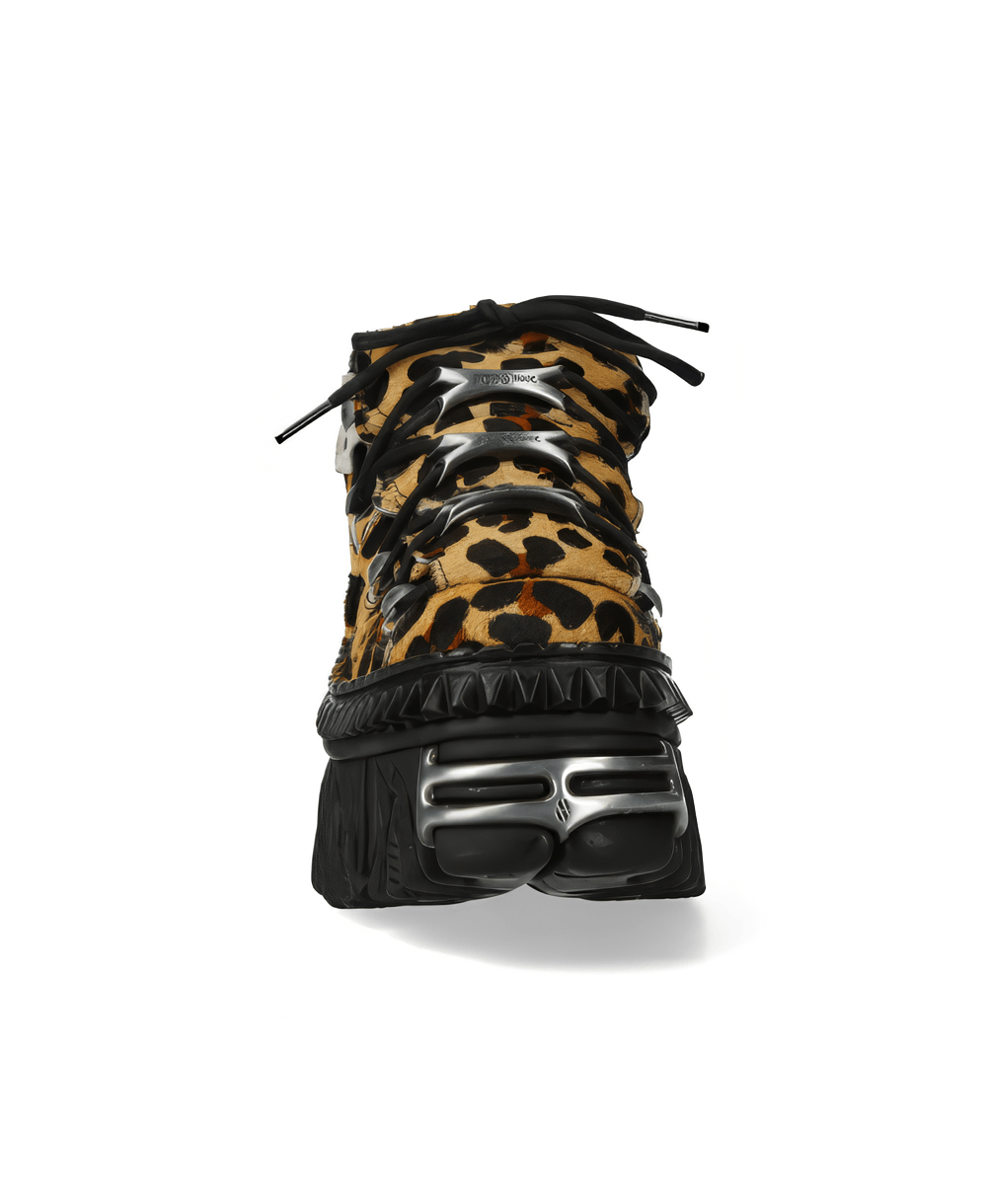 NEW ROCK Men's Gothic Leopard Print Ankle Boots with Metallic Finish and Chunky Platform