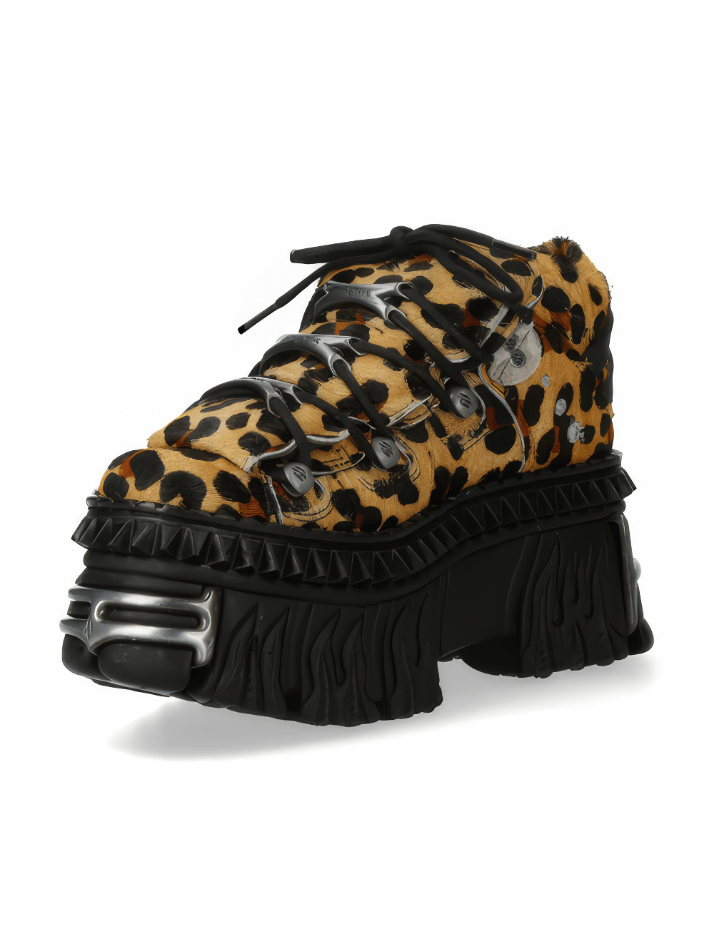 NEW ROCK Men's leopard print ankle boots with metallic finish and edgy design.